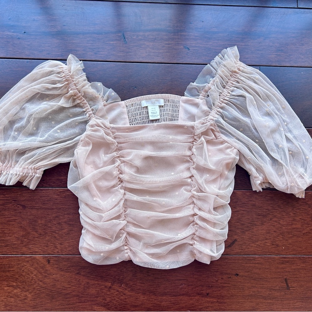 Elegant H&M Pink Sheer Puff Sleeve Crop Top
